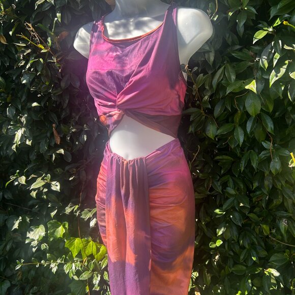 Shein Tie Dye Allover Print Twist Knot Cutout Ruched Wrap Bodycon Dress - Picture 2 of 5